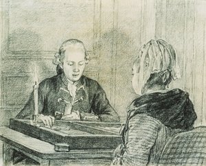 Et siddende par, damen set bagfra, spiller Backgammon ved stearinlys af Charles Nicolas II Cochin
