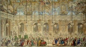 Kuglemaske eller bold af Ifs giver til brylluppet af Louis Dauphin af Frankrig (1729-1765) med Marie Therese (Marie-Therese) fra Spanien i Glace Gallery i Versailles i februar 1745 Tegning med pen og blæk af Charles Nicolas Cochin le Jeune (1715-1790)