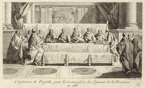 Konference for indsendelse af medlemmer af den katolske liga i Languedoc af Charles Nicolas II Cochin