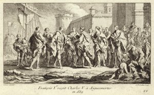 Kong Frans I af Frankrig modtog kejser Karl V i Aigues-Mortes af Charles Nicolas II Cochin