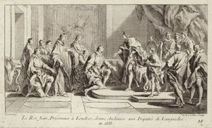 Kong John II af Frankrig, holdt fanget af englænderne i London, holdt audiens for en deputation fra Languedoc af Charles Nicolas II Cochin