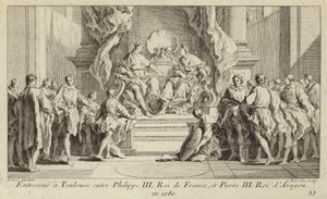 Møde i Toulouse mellem kong Philip III af Frankrig og kong Peter III af Aragon af Charles Nicolas II Cochin
