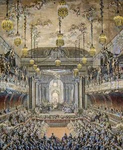 Repræsentation af balletkomedien "La Princesse de Navarre"" i Versailles, i anledning af ægteskabet mellem Louis Dauphin af Frankrig og Marie Therese (Marie-Therese) fra Spanien (1726-1746) i Versailles den 23. februar af Charles Nicolas II Cochin