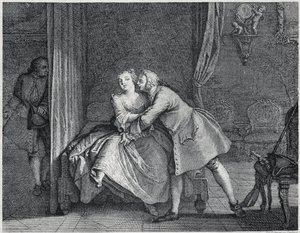 Øremakeren og formreolen illustration til Les contes de La Fontaine, ca. 1743”. gravering af Charles-Nicolas Cochin (1715-1790). af Charles Nicolas II Cochin
