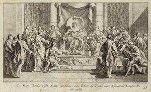 Charles VIII af Frankrig holder en høring til deputerede fra Languedoc ved Generalstænderne i Tours af Charles Nicolas II Cochin