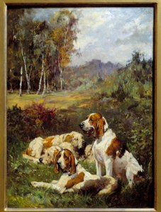 Fire jagthunde. Maleri af Charles Olivier De Penne (1831-1897)