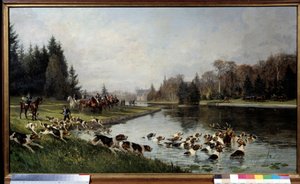 Jagt en race: "" Hjortens hallali ved Sulvie-dammen, jagt på hertugen af Aumale"" Maleri af Charles Olivier de Penne (1831-1897) 1880 Søn. 0,77x1,33 m Chantilly, musee Conde - Jagt på jagthunde: Halloer af hjorten ved Sulvies dam, jagt på