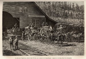 Reno-stationen, for at tage krydset til Virginia City (Nevada), på Central Pacific Railway (Central Pacific), indgraveret efter tegningen af O. de Penne, der illustrerer rejsen fra Washington til San Francisco, i 1868, af L. Simonin, udgivet i "Le t