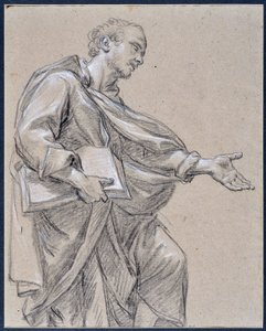 Drapee-figur, der holder en bog (tegning)