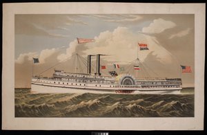 Amerikansk hjuldamper City of Worcester Norwich Line til Boston via New London og Norwich (litografi, farvelagt) af Charles Parsons