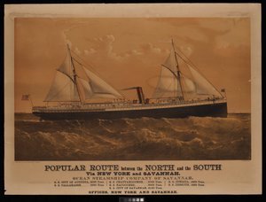 Populær rute mellem nord og syd via New York og Savannah, Ocean Steamship Company of Savannah... City of Augusta... (litografi, farvelagt) af Charles Parsons