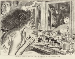 Madame Sarah Bernhardt i sit omklædningsrum (litho) af Charles Paul (after) Renouard
