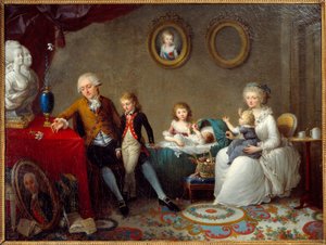 Familien til Jean Pierre Dourcet Familie af den royalistiske adel på revolutionstidspunktet. En blomst af lilje er placeret på bordet og busterne af kongen og dronningen. Maleri af Charles Landon (1760-1826) Grenoble Musee des Beaux Arts fra det 19. århund