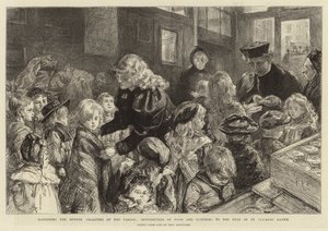 Uddeling af Sognets Vintervelgørenhed, uddeling af mad og tøj til de fattige i St. Clement Dane