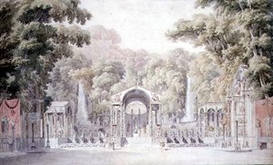 Design til et scenesæt med et Venus-tempel i en skovklædt have til Gretrys 