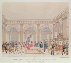 Kejserens og kejserindens nedstigning fra vognen under forhallen på Tuileries-paladset på dagen for deres bryllup (farvegravering)