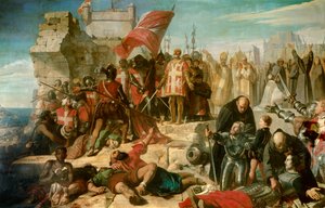 Løft fra Maltas sæde. Byen blev belejret af general Ottoman Mustapha i september 1565. På maleriet Don Garcie af Toledo leder vicekongen af Sicilien operationen. Maleri af Charles Lariviere (1798-1876)