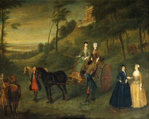 Ladies and Maids of Honor i Greenwich Park: Et gruppeportræt af Juliana, hertuginde af Leeds, Lady Charlotte Hamilton, Lady Isabella Tufton og Henrietta, grevinde af Pomfret, alle iført ridevaner, med brudgom og heste foran observatoriet, 173