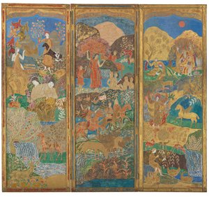 Tre-panels skærm, ca. 1916-17 (olie og bladguld på gessoed træ)