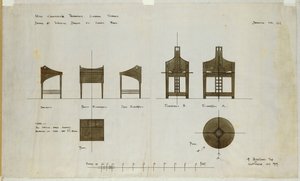 Designs til skriveborde vist foran og fra siden, til Ingram Street Tea Rooms, 1909 af Charles Rennie Mackintosh