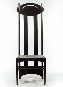 Stol med højt ryglæn, ca.1897 (mørkbejdset egetræ med sæde af siv og gennembrudte ovale rygskinner)