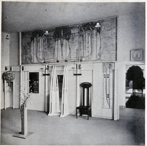 Indvendigt billede af en dekorativ kunstsalon i Wien, omkring 1900 (indretning og møbler af Charles Rennie og Margaret MacDonald Mackintosh) af Charles Rennie Mackintosh