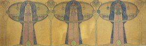 Dekorativ frise af stiliserede menneskefigurer, træ- og planteformer, ca. 1895 (blyant og akvarel på gråt kunstpapir) af Charles Rennie Mackintosh