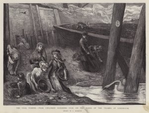 Fattige børn, der henter kulstykker fra Themsens bred ved Limehouse, London (litho) af Charles Ricketts