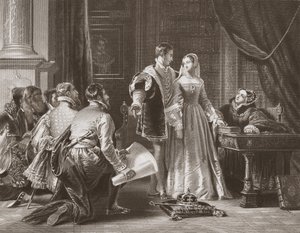 Lady Jane Greys modvilje mod at acceptere kronen, indgraveret af A.H. Payne (litho)