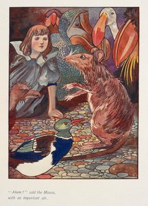 "Ahem!" sagde musen med en vigtig mine.
Alice med en mus og andre dyr. af Charles Robinson