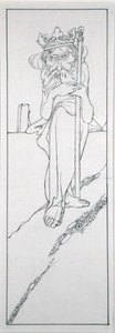 Han holdt et scepter i hånden og bar en krone på panden, illustration fra 