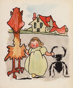 Vrøvl: Baby, fugl og bille på spadseretur (farvelitografi) af Charles Robinson