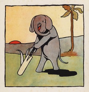 Nonsens: Elefant spiller cricket (farvelitografi) af Charles Robinson