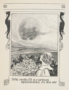 Hun bemærkede en mærkelig fremtoning i luften.
Alice og Cheshire-katten. af Charles Robinson