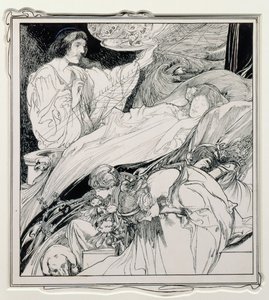 There She Lay, Looking So Beautiful, illustration fra Briar Rose, The True Annals of Fairyland - The Reign of King Herla, pub. af J.M. Dent & Co. Ltd., 1900 af Charles Robinson