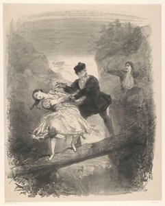 Balletscene med mand og kvinde over afgrunden Annoncering Billetter til balletter og skuespil opført i Amsterdam City Theatre (serietitel) af Charles Rochussen