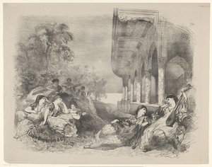 Scene fra leg med orientalske kvinder Meddelelser om balletter og skuespil opført i Amsterdam City Theatre (serietitel) af Charles Rochussen