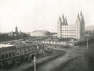 Forsamlingshuset, Tabernaklet og Mormontemplet, Salt Lake City, USA, 1895.