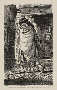 En beklædt figur, der passerer gennem gaden (på pestens tid i London)
