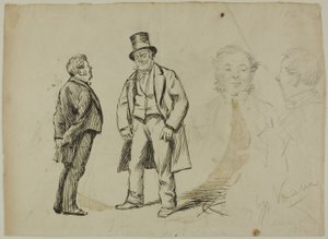 Skitse af to stående mænd og to portrætter af Charles Samuel Keene