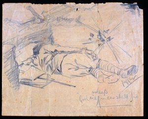 Løjtnant Leslie Gooldie sover under granatild, 1915
