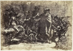 Fotoreproduktion af en tegning af Raphael, scene med soldater, en nøgen kvinde og en engel