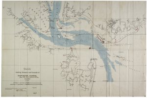 Skitse, der viser forsvarsværker og kanaler i Charlestons havn, juni 1864 (blæk på voksdug) af Charles V. Bartelle