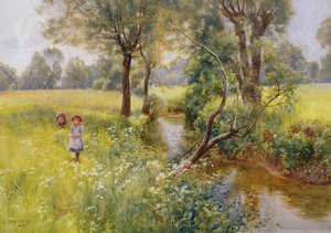 Plukker sommerblomster ved åen, 1899 (wc)