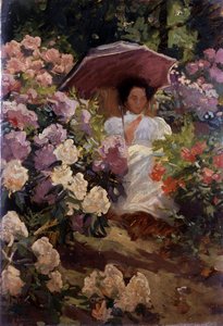Pige med parasol. Ung pige med parasol i en blomstrende have. Maleri af Charles Wellington Furse (1868-1904, England) Privat samling