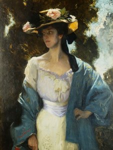 Portræt af Frances Josephine Furse, kunstnerens svigerinde iført en blå orientalsk jakke, 1903