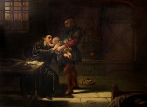 The Martyrdom of Laurence Saunders at Coventry, central, håndpanel af triptykon, 1851