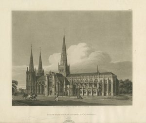 Lichfield Cathedral - South East View: akvatintegravering, 1813 af Charles Wild