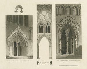 Lichfield Cathedral - West Entrance, North Entrance og Nave: akvatintegravering af Charles Wild