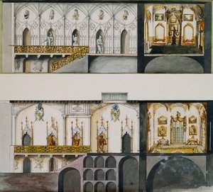 Alternative projekter til salen, galleriet og tegningen - værelse på Charleville Castle: Sektioner (pen & blæk og w/c på papir) af Charles William Bury